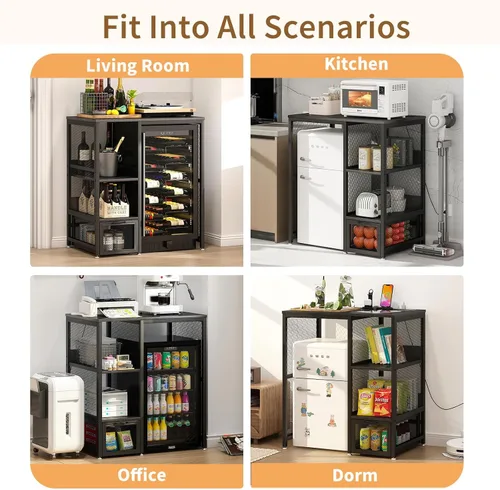 Vista 9 de METYERRY Estante para hornear de cocina con toma de corriente, soporte para microondas con cajón, mini soporte para refrigerador con estantes Negro