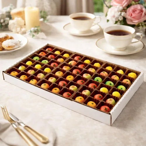 Vista 4 de Bergen Marzipan Bandeja de caja de frutas surtida de 54 piezas, peso neto de 25 onzas