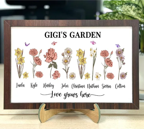 Vista 6 de Nazenti Letrero personalizado con marco de jardín de la abuela con nombres de nietos y flor de nacimiento para regalo del día de la madre, regalos