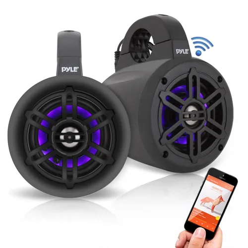 Vista 2 de Pyle Altavoces de torre de wakeboard marinos impermeables – Juego de altavoces de subwoofer dual de 4 pulgadas con luces LED y Bluetooth