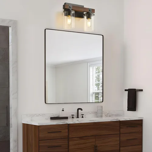 Vista 6 de Lámpara de tocador de granja para baño, accesorios de iluminación rústica de madera Luces de baño de 2 luces sobre espejo vintage de pared