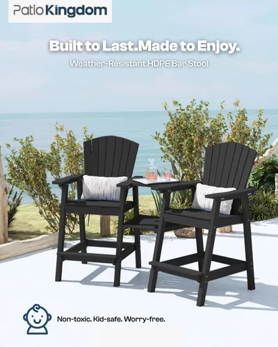 Vista 5 de Juego de 2 sillas altas Adirondack de Patio Kingdom, sillas de cubierta de HDPE con bandejas conectadas y agujero para sombrilla, taburetes de bar