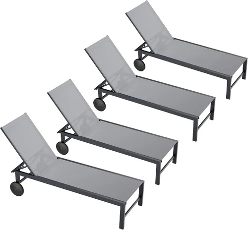 Vista 10 de QAQA - 2 tumbonas para exteriores con ruedas, silla de aluminio para patio con 5 posiciones ajustables para piscina, playa, patio, gris oscuro