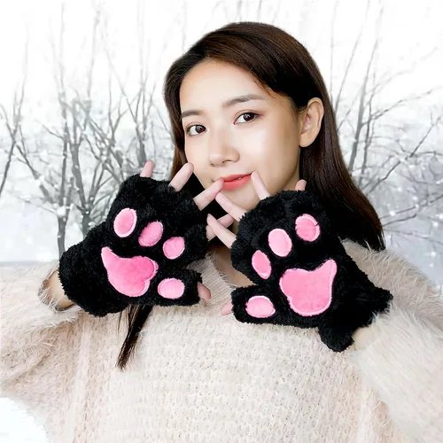 Vista 4 de Bienvenu Paquete de 2 guantes calientes sin dedos para mujer,Guantes de felpa,Guantes de invierno Cosplay Bear Cat Paw