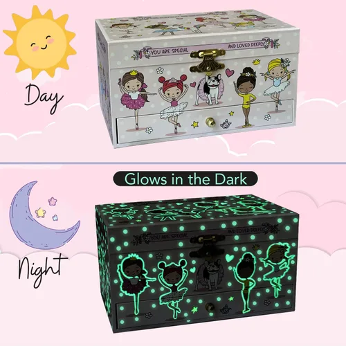 Vista 2 de Joyero musical de bailarina para niñas, joyero que brilla en la oscuridad, joyero organizador con collar de corazón y juego de pulsera, bonita caja