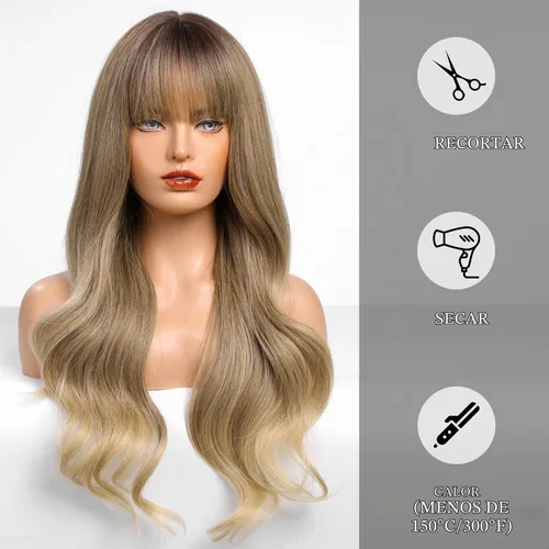 Vista 4 de HAIRCUBE Peluca de color marrón a rubio con flequillo para mujer, peluca de cabello largo ondulado marrón y rubio, pelucas sintéticas rizadas
