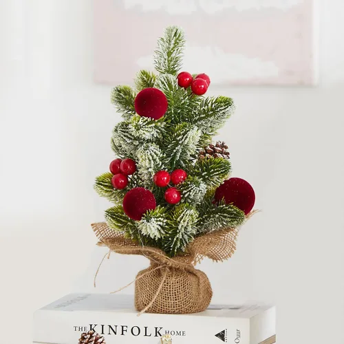 Vista 11 de Decoración de Árbol de Navidad Pequeño de Arpillera con Luces - Mini Árbol Artificial de Mesa Central para Decoraciones Navideñas de Interior Casa