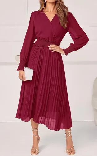 Vista 4 de PRETTYGARDEN Vestidos cruzados con cuello en V para mujer, para invitados de boda, casual, plisado, manga larga, vestido largo fruncido con volantes