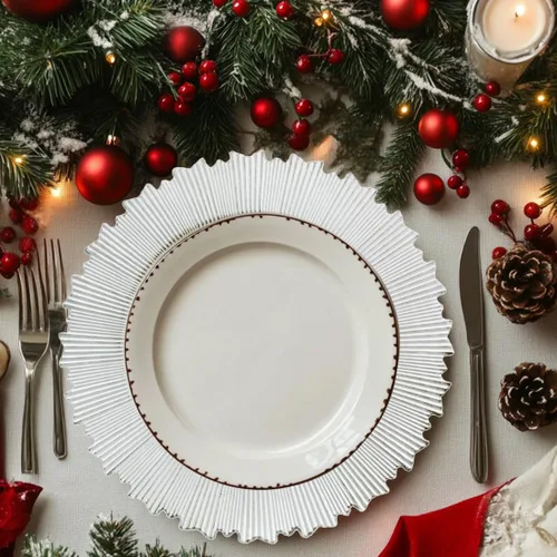 Vista 3 de Platos Base Blancos Antiguos, Platos Base Redondos de 13" para Platos de Cena, Juego de 6 Platos Base de Plástico para Bodas, Fiestas, Decoración