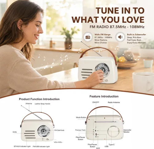 Vista 5 de Altavoz Bluetooth vintage con radio FM, caja de auge inalámbrica portátil, más de 20 horas de duración de la batería, radio retro