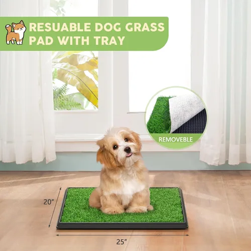 Vista 2 de Almohadilla de césped para perros con bandeja, 25 x 20 pulgadas para interior de césped artificial Puppy Potty Training, Portable Dog Toilet Pet