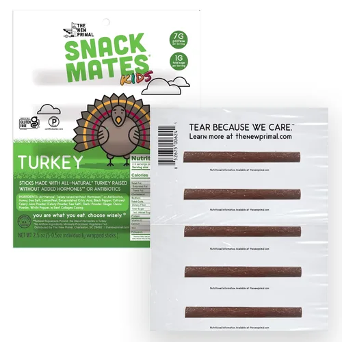 Vista 3 de Snack Mates de The New Primal, Barra de Pavo, Pavo 100% Natural, Snack para Niños con Alto Contenido de Proteínas y Bajo Contenido de Azúcar