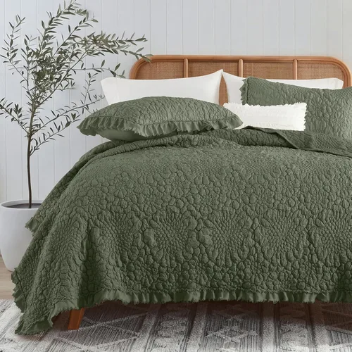 Vista 10 de HORIMOTE HOME Edredón beige con volantes, tamaño individual, microfibra lavada a la piedra, ligera, arrugada, rústica, desgastada, elegante, 2