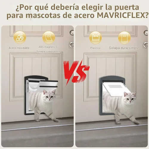 Vista 4 de MAVRICFLEX Puerta para gatos para puerta, marco completamente de acero inoxidable con doble solapa suave y 2 paneles deslizantes de ABS