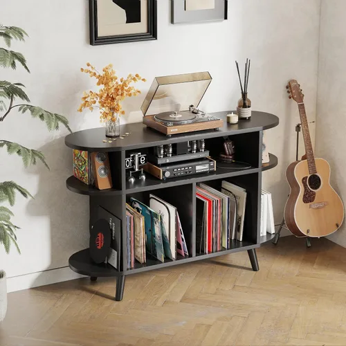 Vista 9 de LIVEHOM Soporte redondo grande para tocadiscos, armario de almacenamiento de discos de madera, soporte para discos de vinilo con área