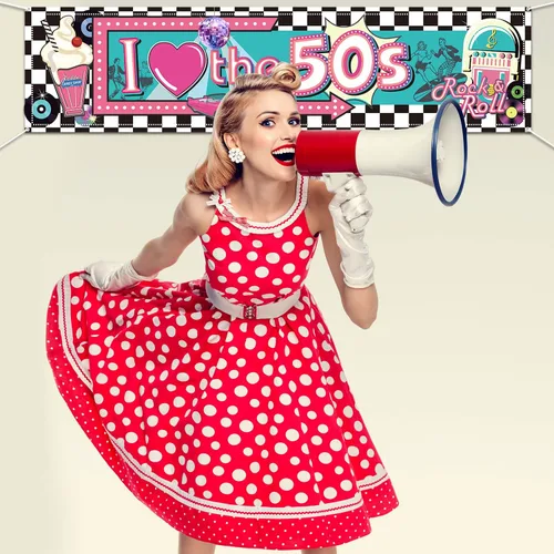 Vista 5 de Cartel de I Love The 50's – Decoraciones de fiesta temática de rock and roll de los años 50, fondo de pared para cabina de fotos, suministros