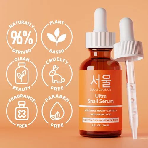 Vista 5 de SeoulCeuticals Korean Skin Care - Suero de mucina de caracol 97.5% - K Beauty Skincare Anti Arrugas Cica Night Serum Ácido Hialurónico para la cara