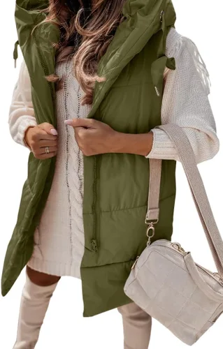 Vista 2 de Danedvi Chaleco de invierno con capucha para mujer, con cremallera lateral, casual, sin mangas, abrigo largo