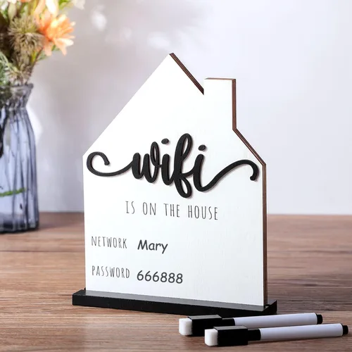 Vista 9 de Letrero de Contraseña con Patrón WiFi para Invitados del Hogar Mesa de Madera Letrero con Patrón WiFi de Madera con Tablero Pluma Borrable Pizarra