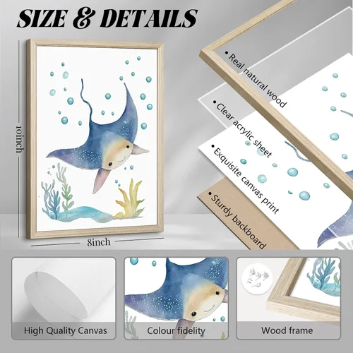 Vista 2 de Juego de 6 decoración de pared de animales marinos para guardería, lienzo de acuarela de océano, arte de pared para habitación de bebés y niños