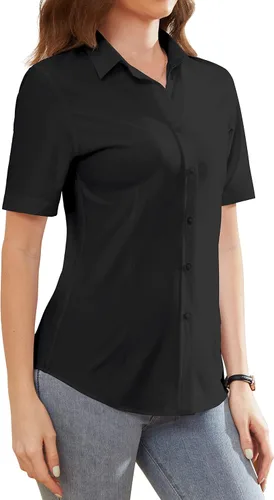 Vista 6 de Camisas de vestir para mujer, sin arrugas, con botones, de manga corta, camisas de trabajo con cuello