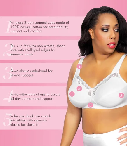 Vista 5 de Exquisite Form 5100535 Fully Cotton Soft Cup Wireless Full-Coverage Bra with Back Closure & Lace