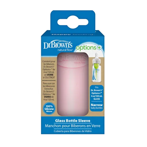 Vista 2 de Dr. Brown's Options+ Funda estrecha para botella de vidrio, 100% silicona, rosa, sin BPA, 4 onzas, paquete de 1