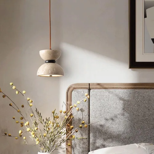 Vista 4 de Lámpara colgante de mármol con forma de reloj de arena nórdico, luz cálida de 3000 K, lámpara colgante colgante de travertino Wabi-Sabi, lámpara