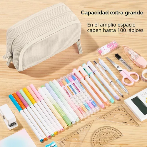 Vista 3 de Sooez Estuche de Lápices de Gran Capacidad con Funda para Bolígrafos, Bolsa de Lápiz de Corduroy Suave con 3 Compartimentos, Múltiples Bolsillos