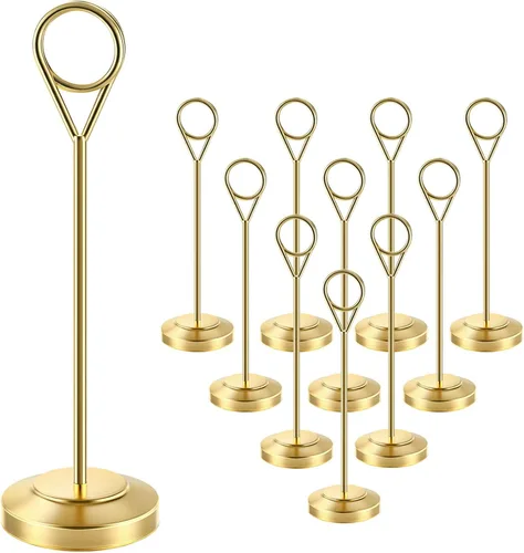 Vista 9 de Radezon 12 soportes dorados para números de mesa, 4 pulgadas de alto para mesa, soportes resistentes para fotos con base antipunta para recepción