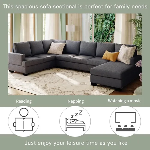 Vista 5 de Daesar Sofá seccional tapizado grande moderno en forma de U, sofá de tumbona extra ancho, gris