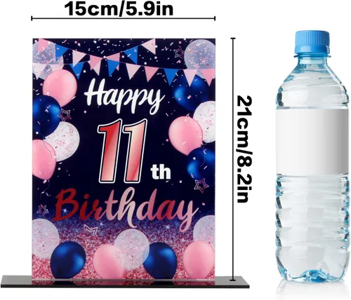 Vista 2 de LINGTEER Decoraciones de feliz cumpleaños número 11, 2 piezas de soporte de acrílico con impresión de pie rosa y azul, tablero de telón de fondo
