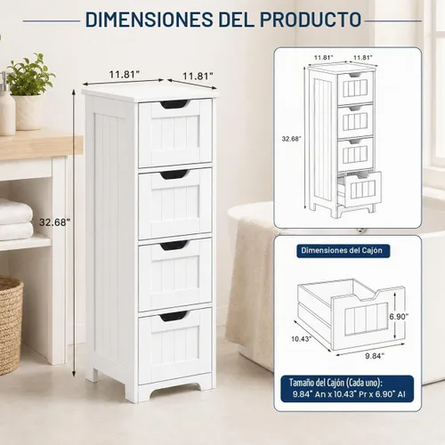 Vista 2 de RASOO Armario de almacenamiento de baño delgado con 4 cajones para espacios