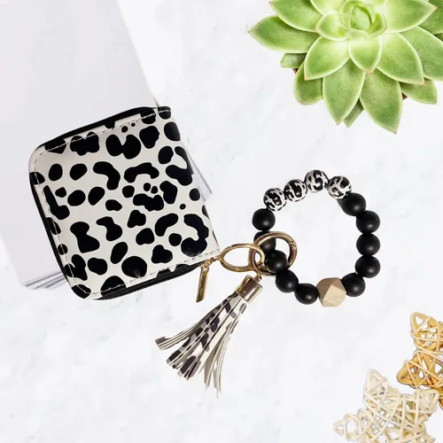 Vista 5 de Llavero de pulsera con bonito estampado de vaca, tarjetero con bolsillo, monedero, llavero para mujer
