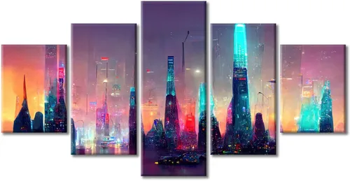 Vista 306 de Cuadros de 5 paneles de Cyberpunk City, arte de pared, representación de vallas publicitarias, edificios modernos en la capital con obras de arte