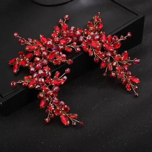 Vista 3 de Teyglen Diadema de cristal para el cabello de boda, con cuentas de diamantes de imitación rojos, hecha a mano, rojo, rosa, azul, negro, flores