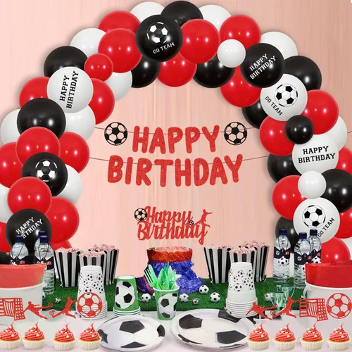 Vista 2 de Decoraciones de fiesta de cumpleaños de fútbol, decoración de fiesta temática de fútbol, kit de guirnalda de globos rojos y negros, pancarta