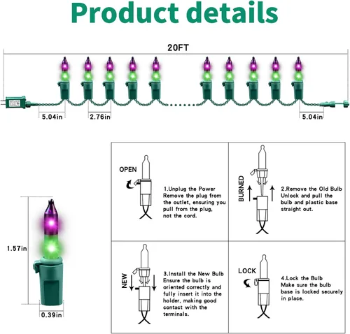 Vista 3 de Luces de cadena navideñas mini de 100 unidades en morado y verde, con certificación UL, equipadas con 8 modos de iluminación, perfectas para patios