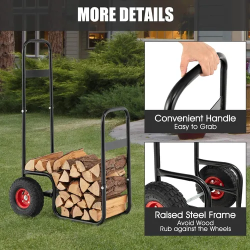 Vista 8 de Giantex Carrito de leña para leña, estante de madera para almacenamiento, carrito de almacenamiento de fuego rodante, carrito de almacenamiento