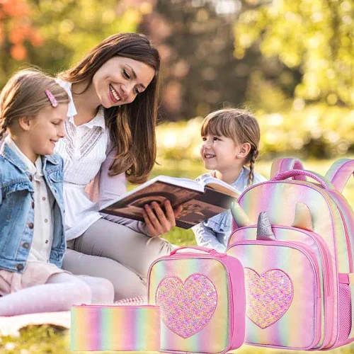 Vista 2 de AGSDON 4 mochilas infantiles para niñas, 14.5 pulgadas de unicornio con lentejuelas y lonchera