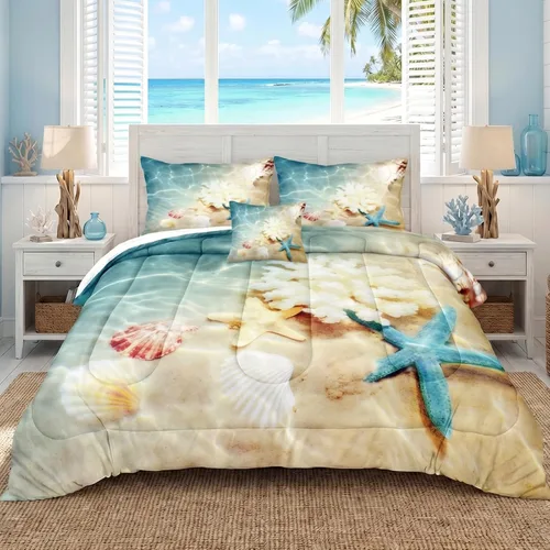 Vista 15 de Bedbay Juego de edredón con temática de playa, juego de edredón costero tamaño Queen, vida marina, turquesa, estrellas de mar, juego de edredón