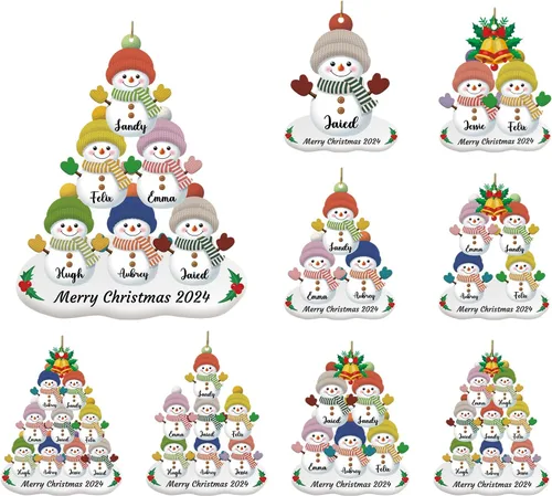 Vista 12 de 7 piezas de adorno de Navidad personalizado 2025, adorno de familia de muñeco de nieve con nombre y foto acrílico para decoración de árbol