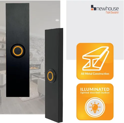 Vista 3 de Newhouse Hardware Botón de timbre de puerta de metal con cable iluminado rectangular en negro BT6RL, para timbre de puerta, zumbador o timbre, solo