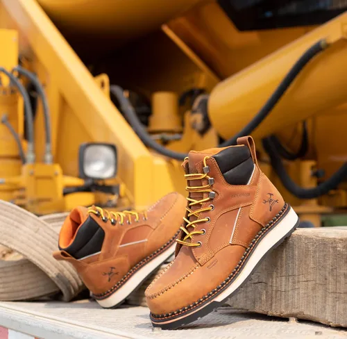 Vista 2 de MWORK Botas de trabajo con punta de mocasín de 6 pulgadas para hombre, suela de cuña, impermeable, ASTM F2413-18, punta metálica de seguridad