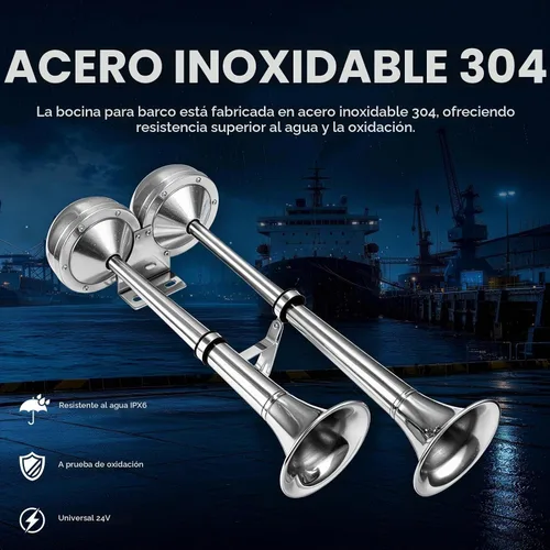 Vista 7 de FARBIN Cuernos de barco marino de 24 V, cuerno eléctrico de doble trompeta Tubo doble de acero inoxidable