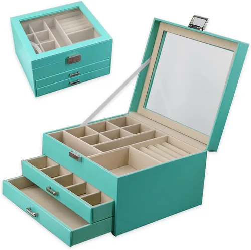 Vista 9 de BOOVO Clear Lid Jewelry Box For Girl,3 Layers Jewelry Organizer boxes For Women Turquoise Earring Jewelry Box For Girl Necklace Ring Bracelet