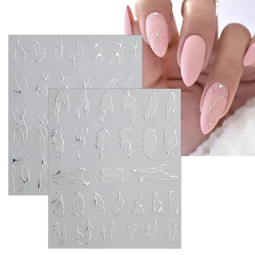 Vista 6 de JMEOWIO 9 hojas de calcomanías de arte de uñas con líneas de mármol, autoadhesivas, pegatinas para uñas plateadas, suministros para uñas, diseño