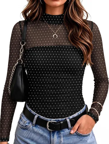 Vista 7 de Zeagoo Blusa de manga larga de malla para mujer, cuello alto, fruncido Estampado floral