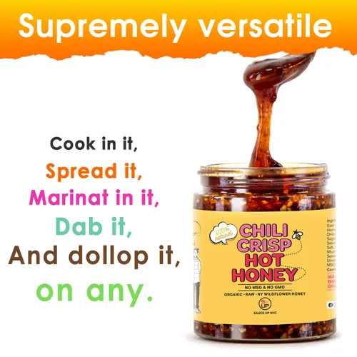 Vista 4 de SAUCE UP Chili-Crisp Hot Honey Miel de flores silvestres picante dulce con ajo crujiente y hojuelas de chile Calor audaz y sabroso con un