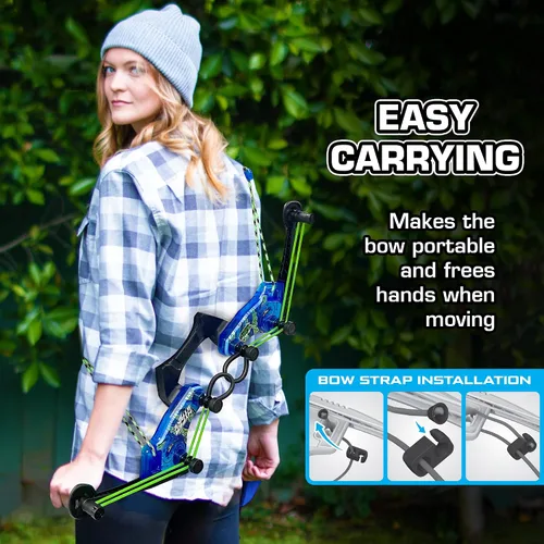 Vista 4 de Zing HyperStrike Dominator Bow Pack – 1 arco dominador azul, 4 flechas de silbato zónico azul, 1 juego de repuesto de cuerda elástica y 1 correa